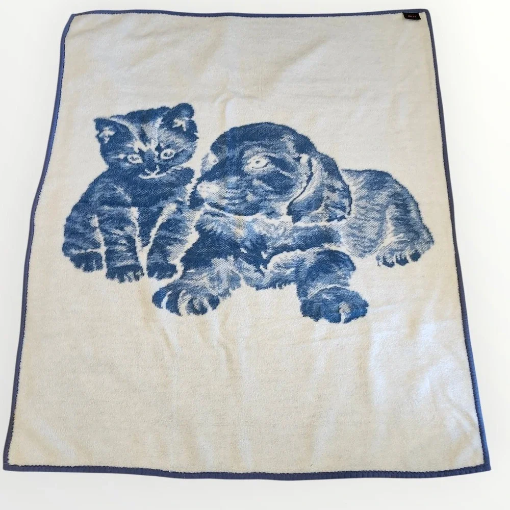 Vintage Ibena Blanket Blue Puppy Kitten Reversible Cottagecore Appx. 60x73